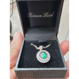 Gold Coast Platinum Plated Green Emerald Color‎ Double Halo Pendant Necklace Box